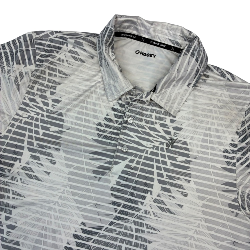 Hooey Polo Shirt Mens L Grey White Tropical Palm Stripe Cowboy Golf Performance